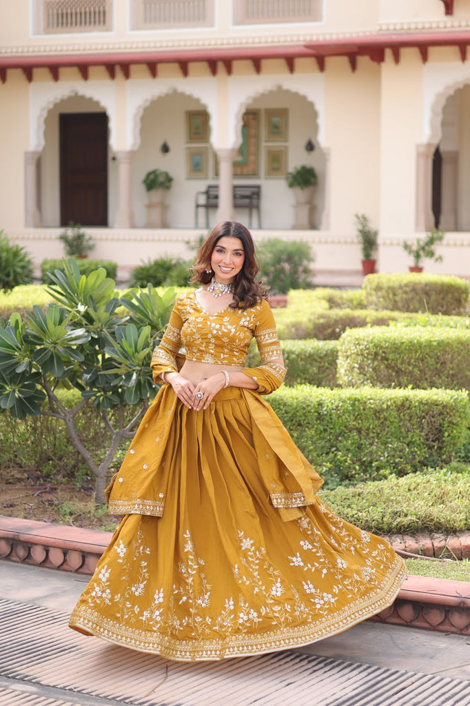 Yellow Designer Vichitra Silk Sequins & Zari Embroidered Lehenga Choli Set with Matching Dupatta – Fully Stitched Festive & Wedding Wear Ensemble ClothsVilla