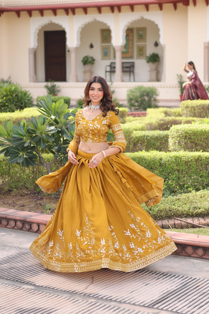 Yellow Designer Vichitra Silk Sequins & Zari Embroidered Lehenga Choli Set with Matching Dupatta – Fully Stitched Festive & Wedding Wear Ensemble ClothsVilla
