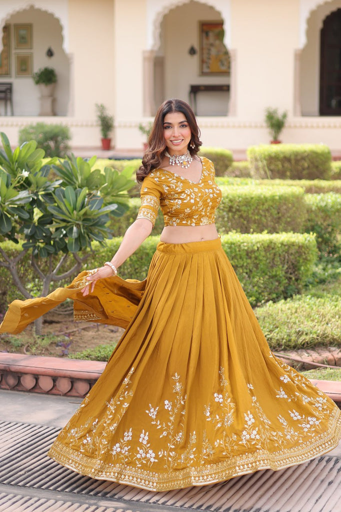 Yellow Designer Vichitra Silk Sequins & Zari Embroidered Lehenga Choli Set with Matching Dupatta – Fully Stitched Festive & Wedding Wear Ensemble ClothsVilla