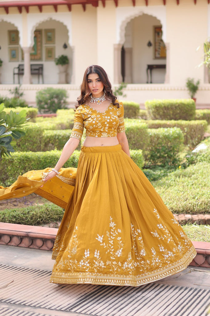 Yellow Designer Vichitra Silk Sequins & Zari Embroidered Lehenga Choli Set with Matching Dupatta – Fully Stitched Festive & Wedding Wear Ensemble ClothsVilla