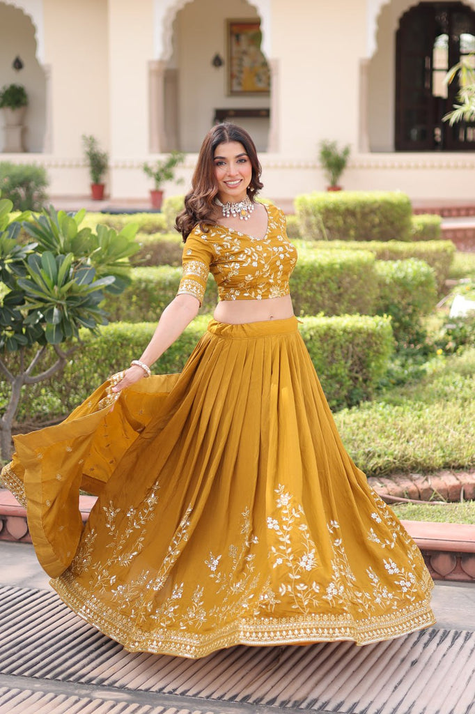 Yellow Designer Vichitra Silk Sequins & Zari Embroidered Lehenga Choli Set with Matching Dupatta – Fully Stitched Festive & Wedding Wear Ensemble ClothsVilla