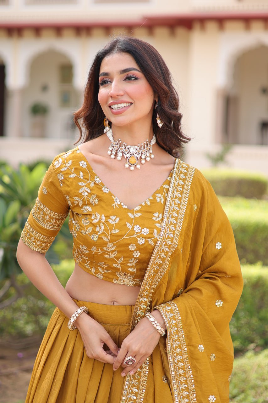 Yellow Designer Vichitra Silk Sequins & Zari Embroidered Lehenga Choli Set with Matching Dupatta – Fully Stitched Festive & Wedding Wear Ensemble ClothsVilla