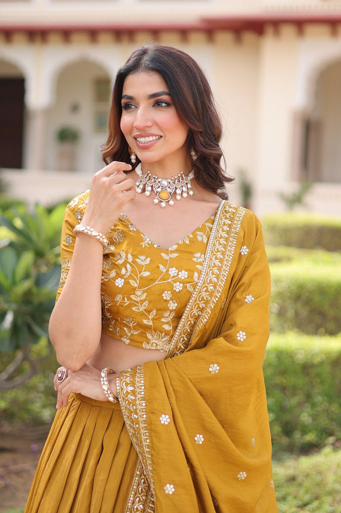 Yellow Designer Vichitra Silk Sequins & Zari Embroidered Lehenga Choli Set with Matching Dupatta – Fully Stitched Festive & Wedding Wear Ensemble ClothsVilla