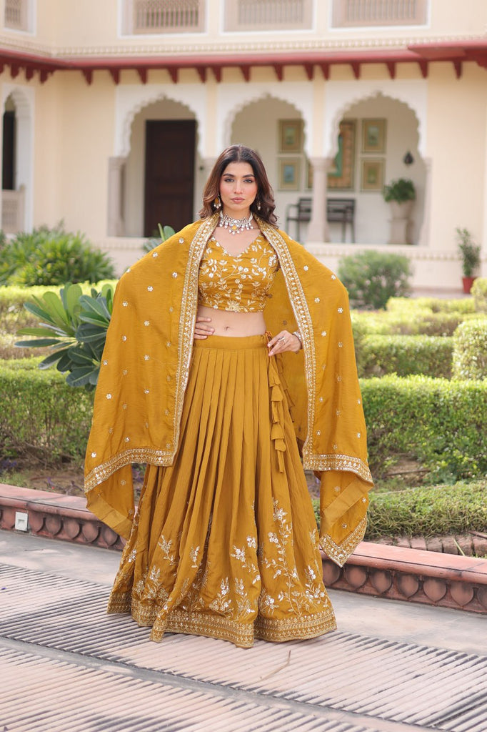 Yellow Designer Vichitra Silk Sequins & Zari Embroidered Lehenga Choli Set with Matching Dupatta – Fully Stitched Festive & Wedding Wear Ensemble ClothsVilla