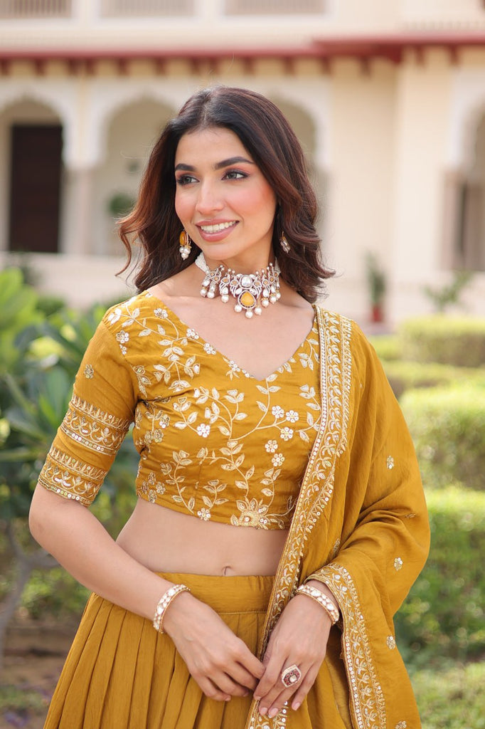Yellow Designer Vichitra Silk Sequins & Zari Embroidered Lehenga Choli Set with Matching Dupatta – Fully Stitched Festive & Wedding Wear Ensemble ClothsVilla