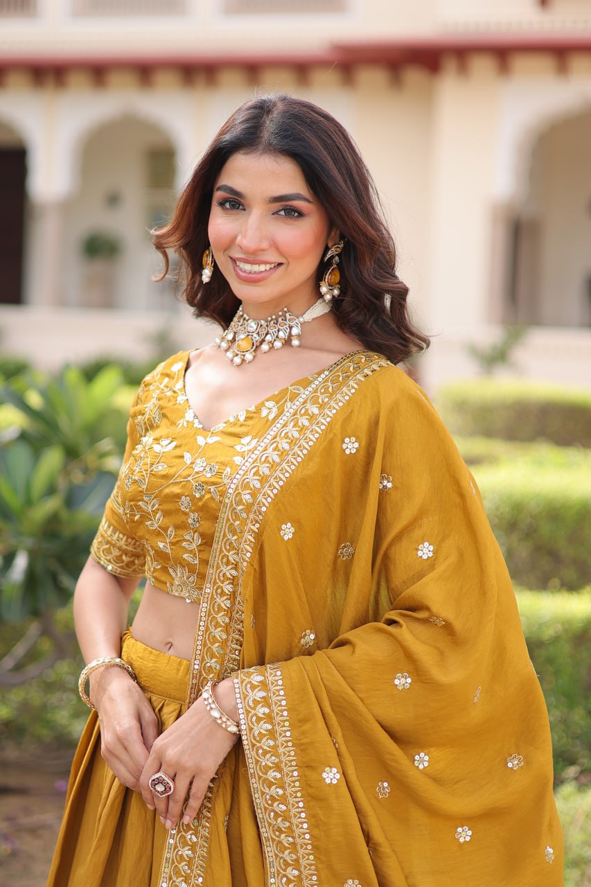 Yellow Designer Vichitra Silk Sequins & Zari Embroidered Lehenga Choli Set with Matching Dupatta – Fully Stitched Festive & Wedding Wear Ensemble ClothsVilla