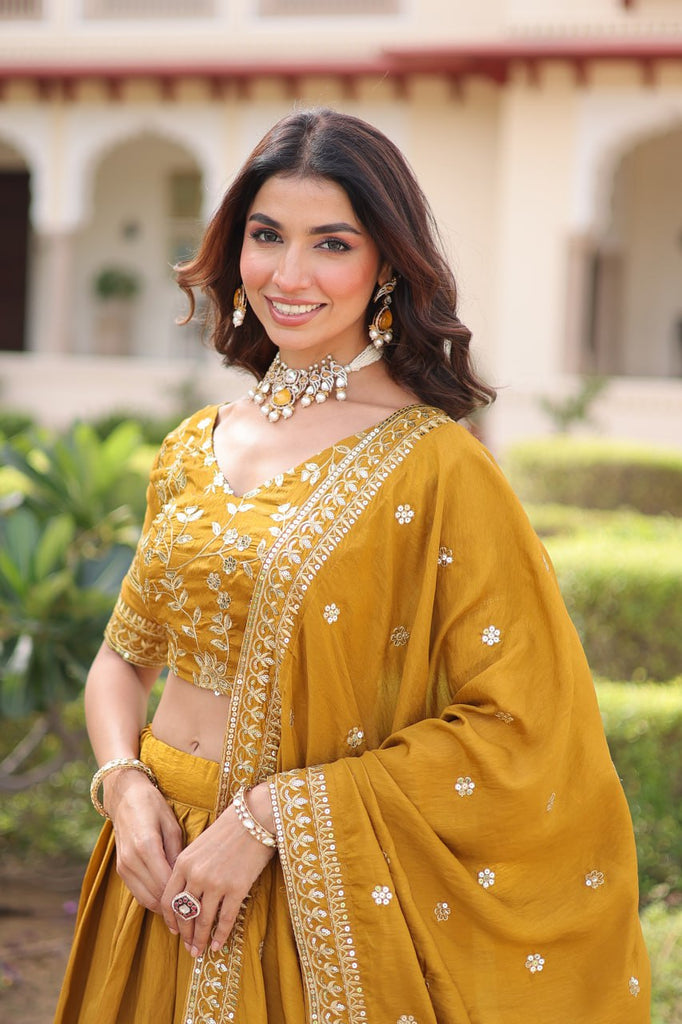 Yellow Designer Vichitra Silk Sequins & Zari Embroidered Lehenga Choli Set with Matching Dupatta – Fully Stitched Festive & Wedding Wear Ensemble ClothsVilla
