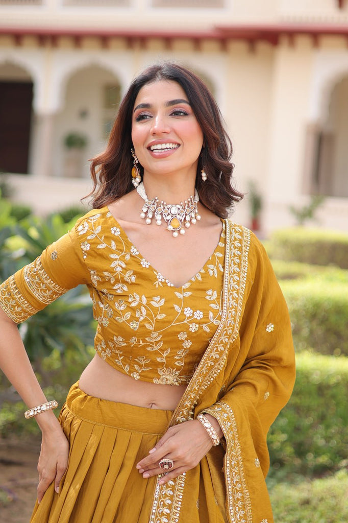 Yellow Designer Vichitra Silk Sequins & Zari Embroidered Lehenga Choli Set with Matching Dupatta – Fully Stitched Festive & Wedding Wear Ensemble ClothsVilla