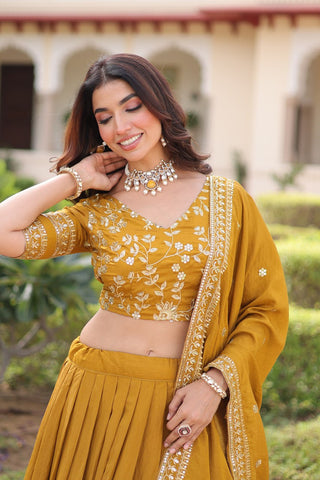 Yellow Designer Vichitra Silk Sequins & Zari Embroidered Lehenga Choli Set with Matching Dupatta – Fully Stitched Festive & Wedding Wear Ensemble ClothsVilla