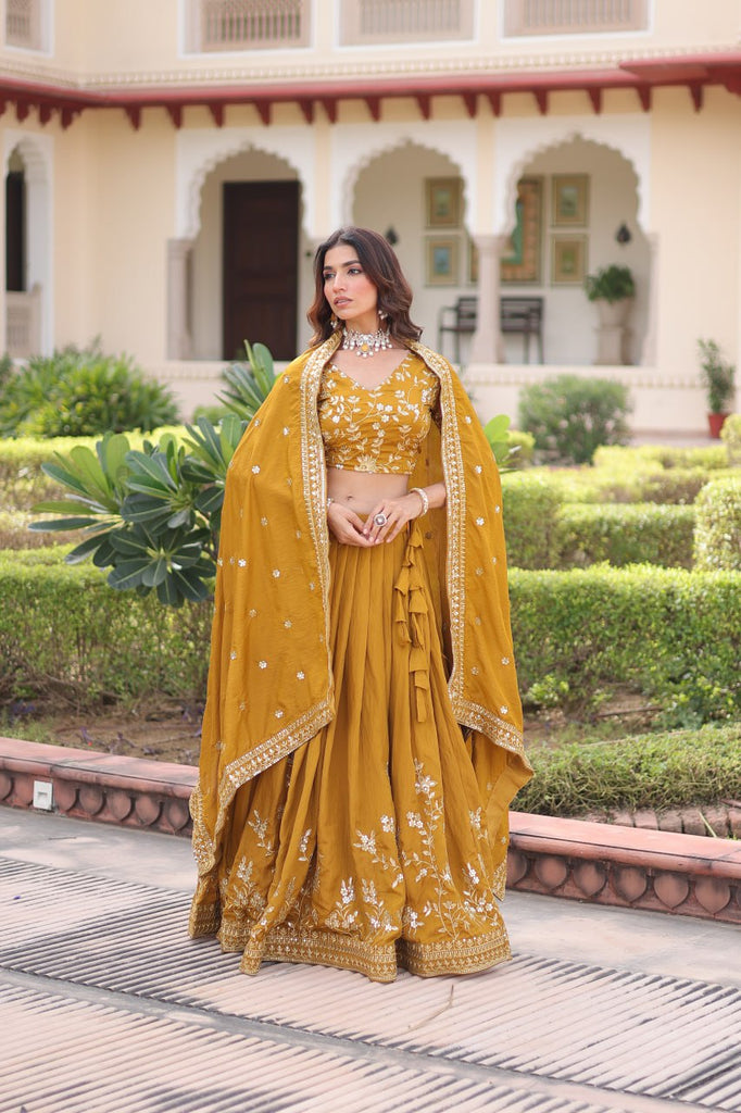 Yellow Designer Vichitra Silk Sequins & Zari Embroidered Lehenga Choli Set with Matching Dupatta – Fully Stitched Festive & Wedding Wear Ensemble ClothsVilla