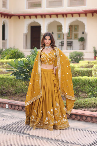 Yellow Designer Vichitra Silk Sequins & Zari Embroidered Lehenga Choli Set with Matching Dupatta – Fully Stitched Festive & Wedding Wear Ensemble ClothsVilla