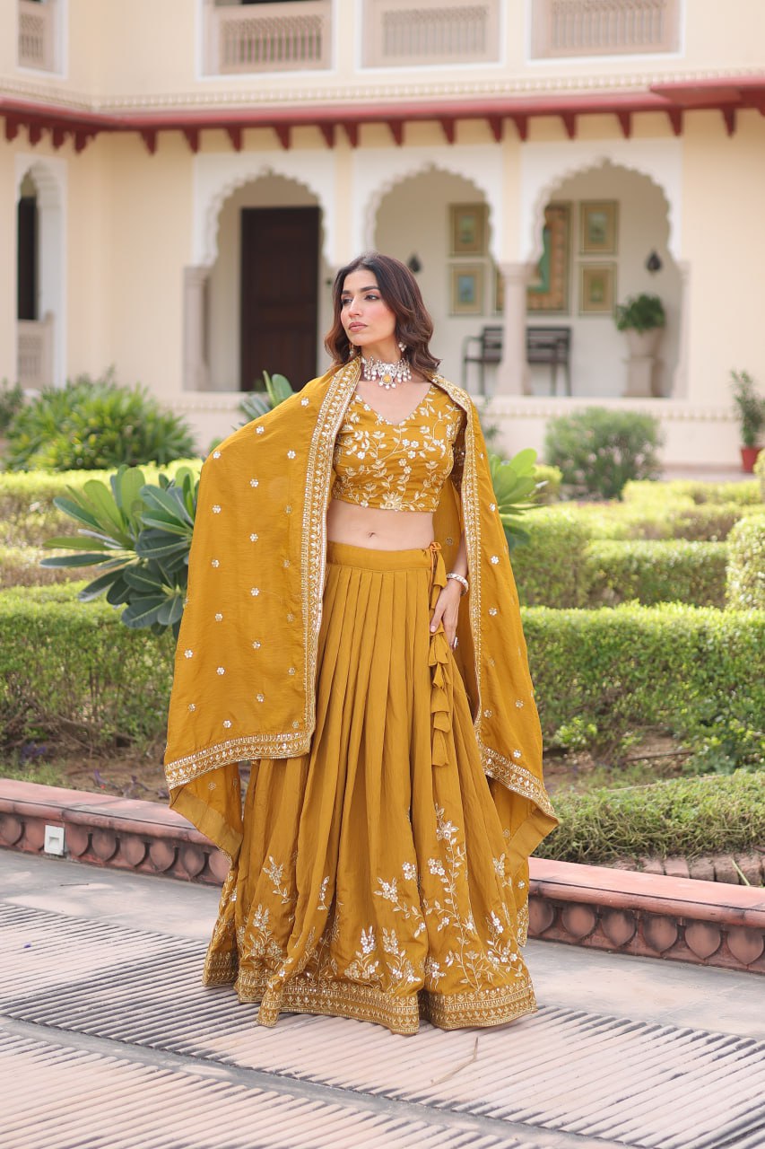 Yellow Designer Vichitra Silk Sequins & Zari Embroidered Lehenga Choli Set with Matching Dupatta – Fully Stitched Festive & Wedding Wear Ensemble ClothsVilla