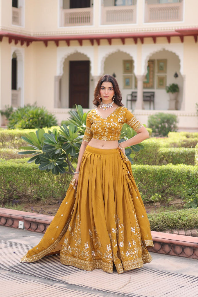 Yellow Designer Vichitra Silk Sequins & Zari Embroidered Lehenga Choli Set with Matching Dupatta – Fully Stitched Festive & Wedding Wear Ensemble ClothsVilla