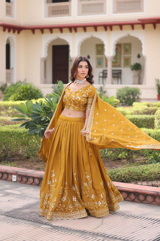 Yellow Designer Vichitra Silk Sequins & Zari Embroidered Lehenga Choli Set with Matching Dupatta – Fully Stitched Festive & Wedding Wear Ensemble ClothsVilla