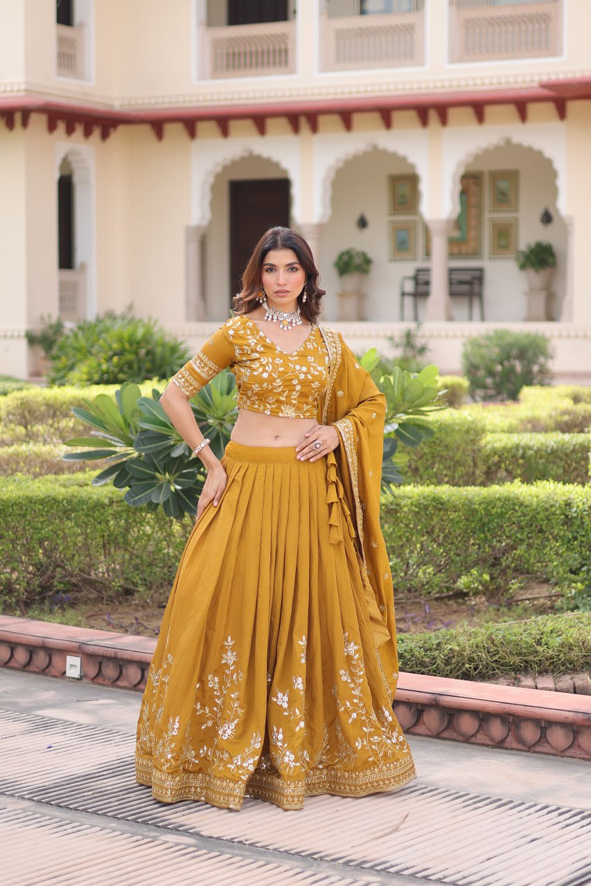 Yellow Designer Vichitra Silk Sequins & Zari Embroidered Lehenga Choli Set with Matching Dupatta – Fully Stitched Festive & Wedding Wear Ensemble ClothsVilla
