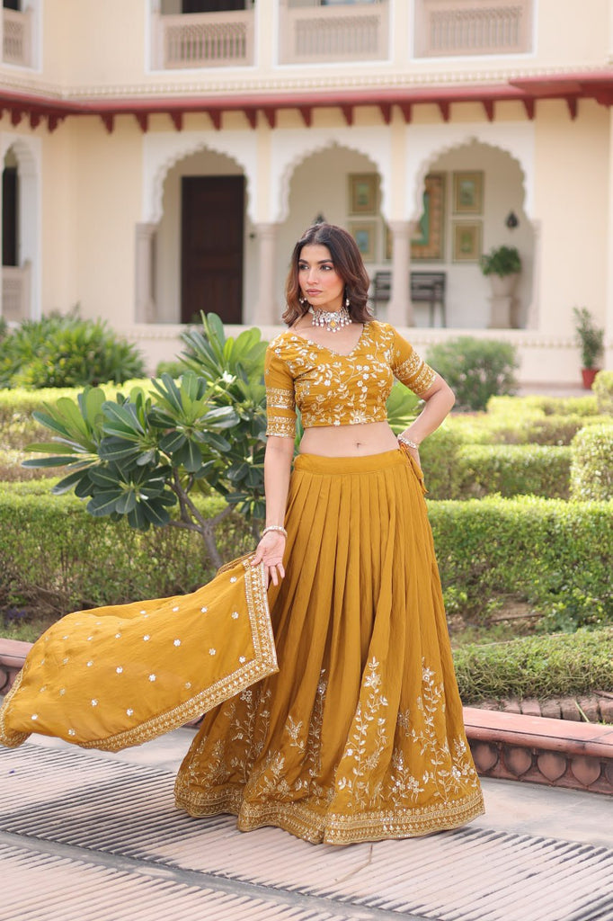 Yellow Designer Vichitra Silk Sequins & Zari Embroidered Lehenga Choli Set with Matching Dupatta – Fully Stitched Festive & Wedding Wear Ensemble ClothsVilla