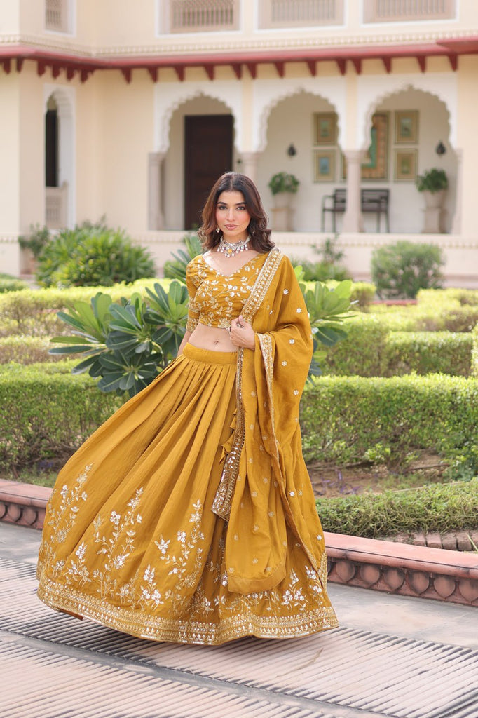 Yellow Designer Vichitra Silk Sequins & Zari Embroidered Lehenga Choli Set with Matching Dupatta – Fully Stitched Festive & Wedding Wear Ensemble ClothsVilla