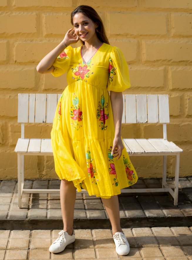Yellow Digital Print Kota Checks Kurti with Full Flair ClothsVilla Main image