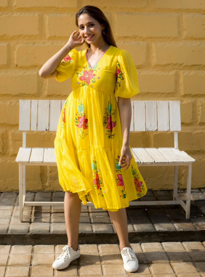 Yellow Digital Print Kota Checks Kurti with Full Flair ClothsVilla