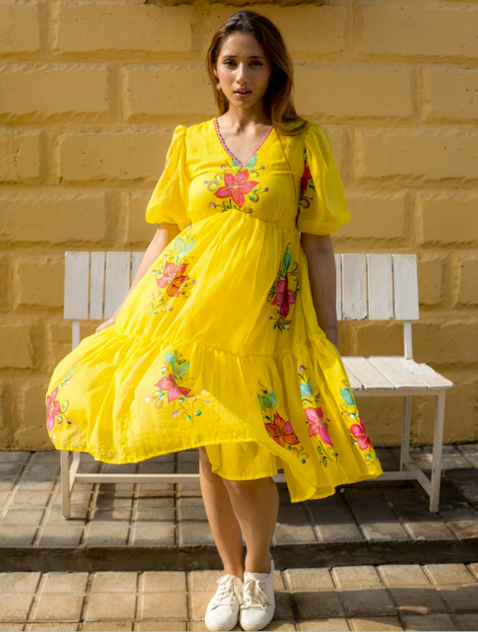 Yellow Digital Print Kota Checks Kurti with Full Flair Secondary image
