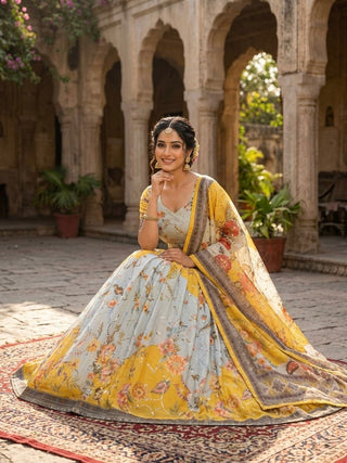 Yellow Digital Print Silk Lehenga Set ClothsVilla
