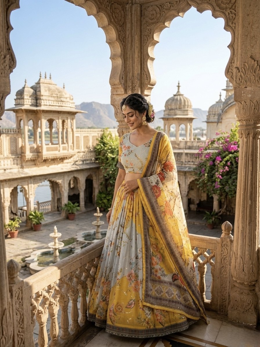 Yellow Digital Print Silk Lehenga Set ClothsVilla