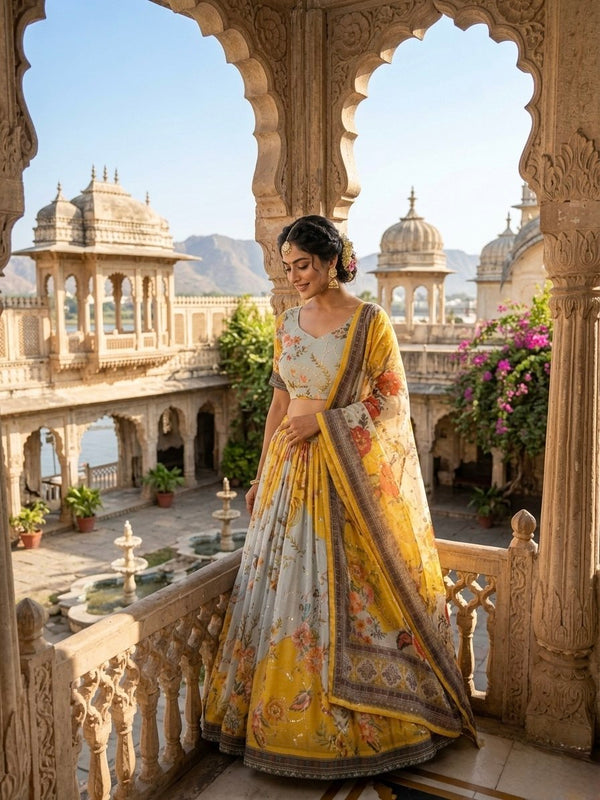 Yellow Digital Print Silk Lehenga Set ClothsVilla