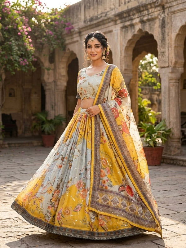 Yellow Digital Print Silk Lehenga Set ClothsVilla