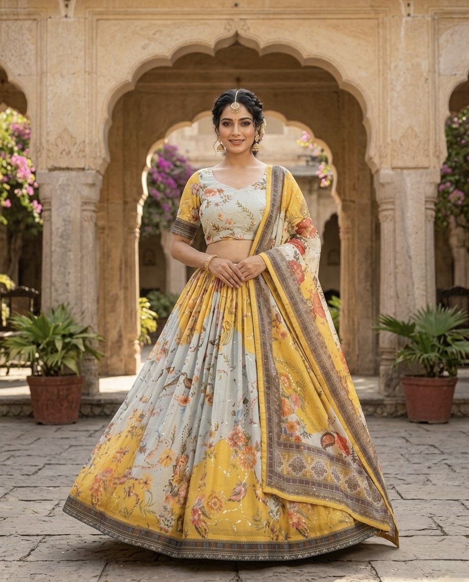 Yellow Digital Print Silk Lehenga Set ClothsVilla