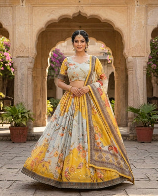 Yellow Digital Print Silk Lehenga Set ClothsVilla
