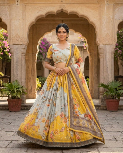 Yellow Digital Print Silk Lehenga Set ClothsVilla