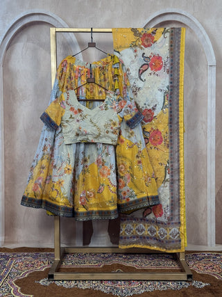 Yellow Digital Print Silk Lehenga Set ClothsVilla