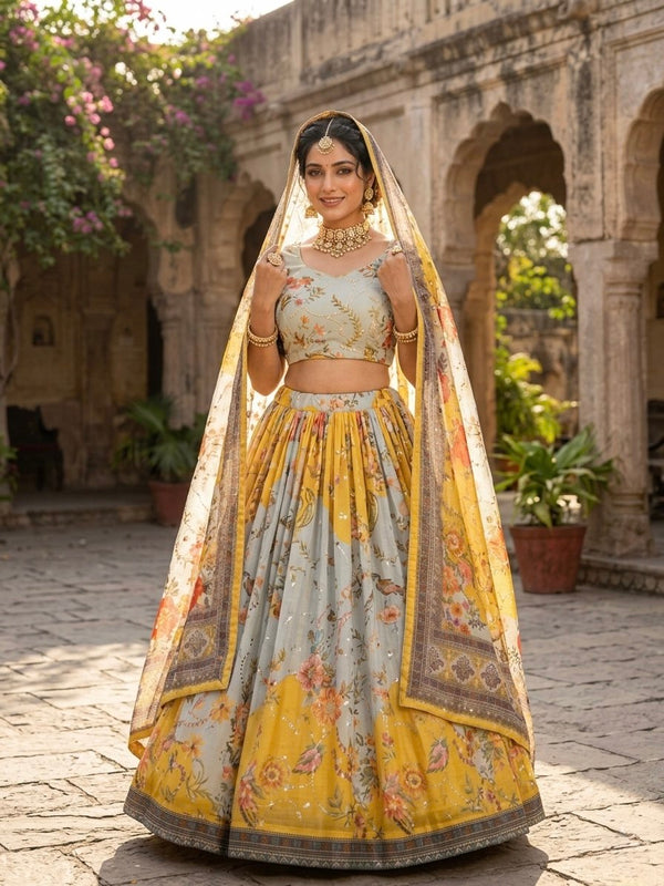 Yellow Digital Print Silk Lehenga Set ClothsVilla