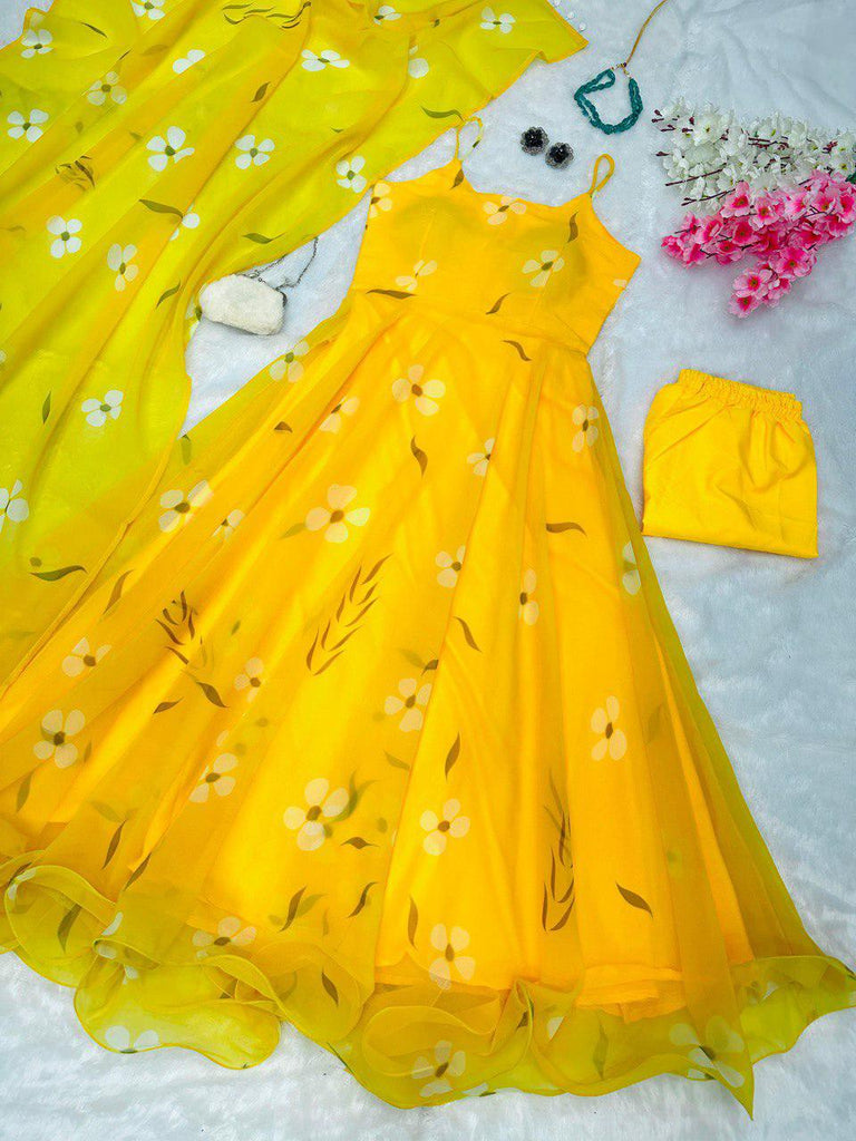 Yellow Digital Printed Georgette Silk Anarkali Suit Set with Butter Silk Pant & Kodi Lace Dupatta ClothsVilla