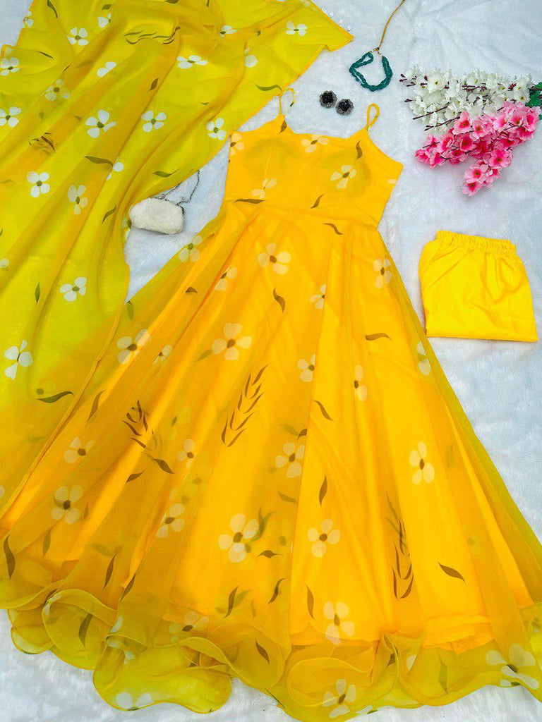 Yellow Digital Printed Georgette Silk Anarkali Suit Set with Butter Silk Pant & Kodi Lace Dupatta ClothsVilla