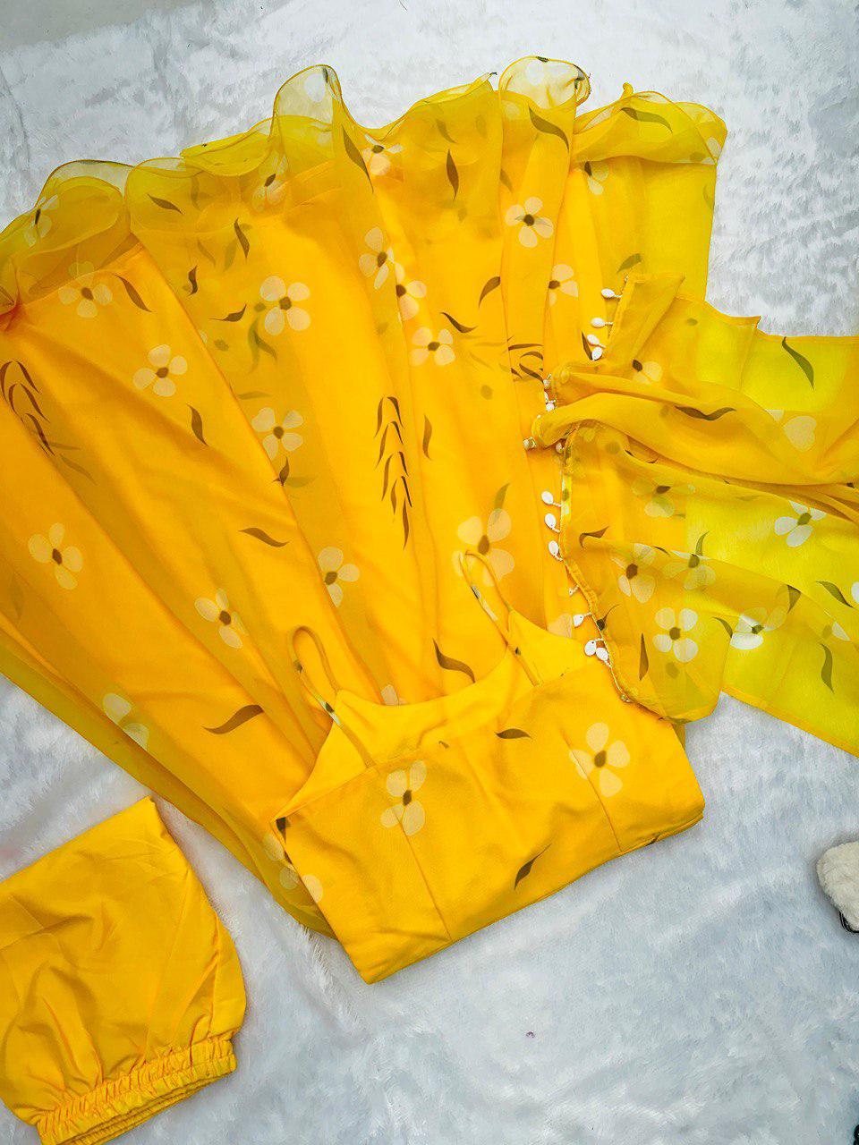 Yellow Digital Printed Georgette Silk Anarkali Suit Set with Butter Silk Pant & Kodi Lace Dupatta ClothsVilla