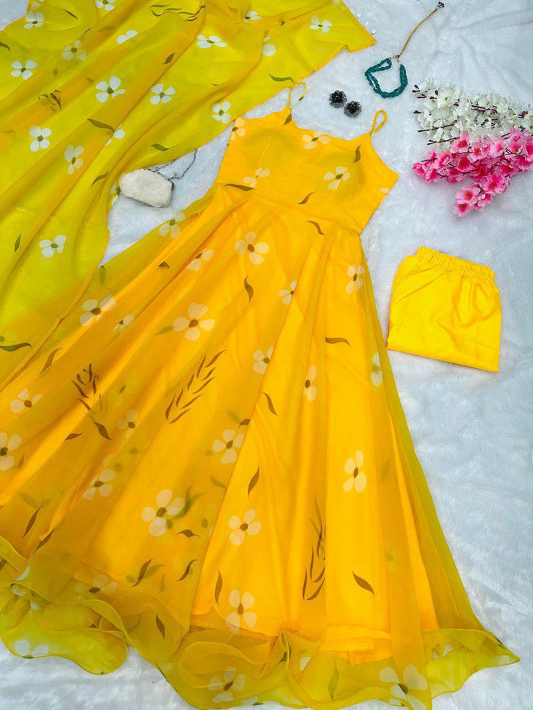 Yellow Digital Printed Georgette Silk Anarkali Suit Set with Butter Silk Pant & Kodi Lace Dupatta ClothsVilla