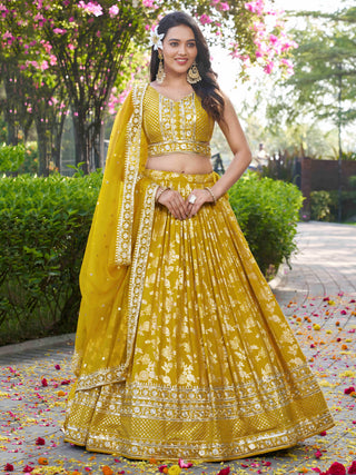 Yellow Dola Silk Jacquard Embroidered Lehenga Choli Clothsvilla