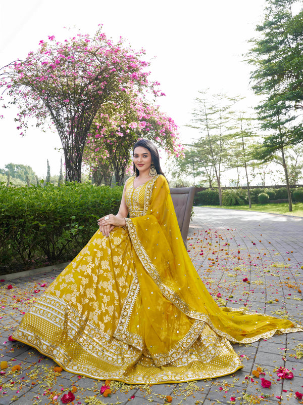 Yellow Dola Silk Jacquard Embroidered Lehenga Choli Clothsvilla