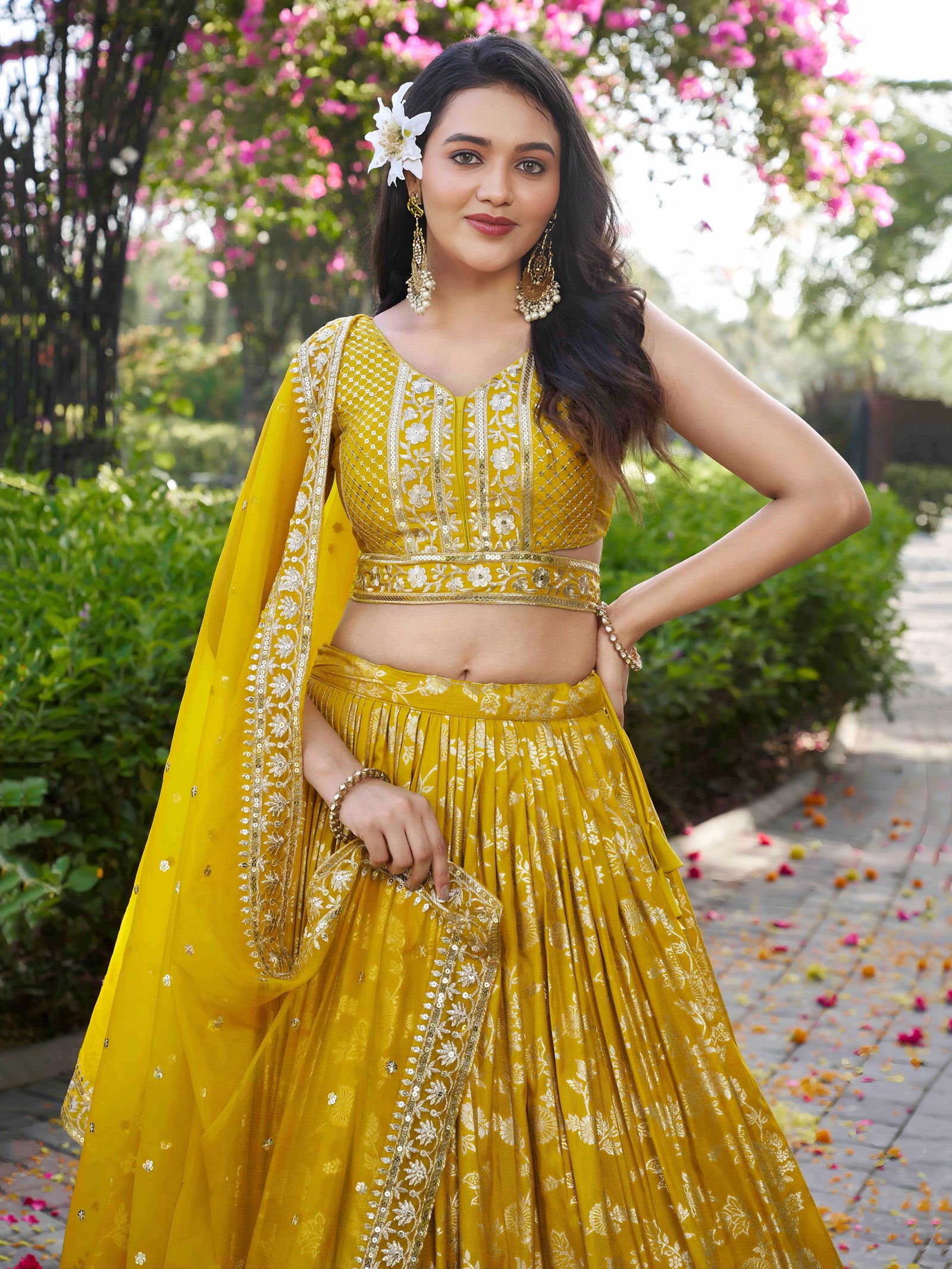 Yellow Dola Silk Jacquard Embroidered Lehenga Choli Clothsvilla