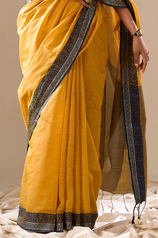 Yellow Elegant Banarasi Silk Blend Saree with Zari Woven Border ClothsVilla