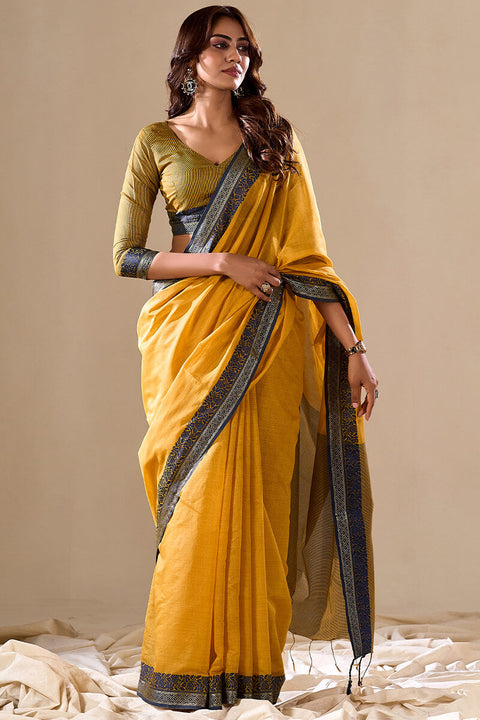 Yellow Elegant Banarasi Silk Blend Saree with Zari Woven Border ClothsVilla Main image
