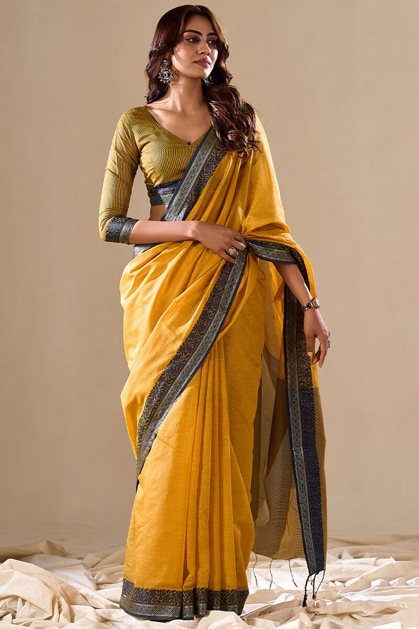 Yellow Elegant Banarasi Silk Blend Saree with Zari Woven Border ClothsVilla