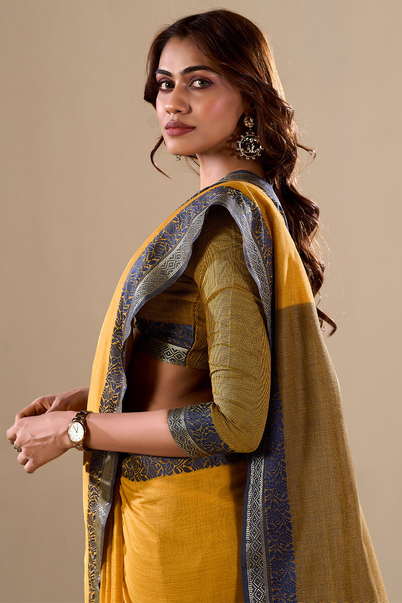 Yellow Elegant Banarasi Silk Blend Saree with Zari Woven Border ClothsVilla