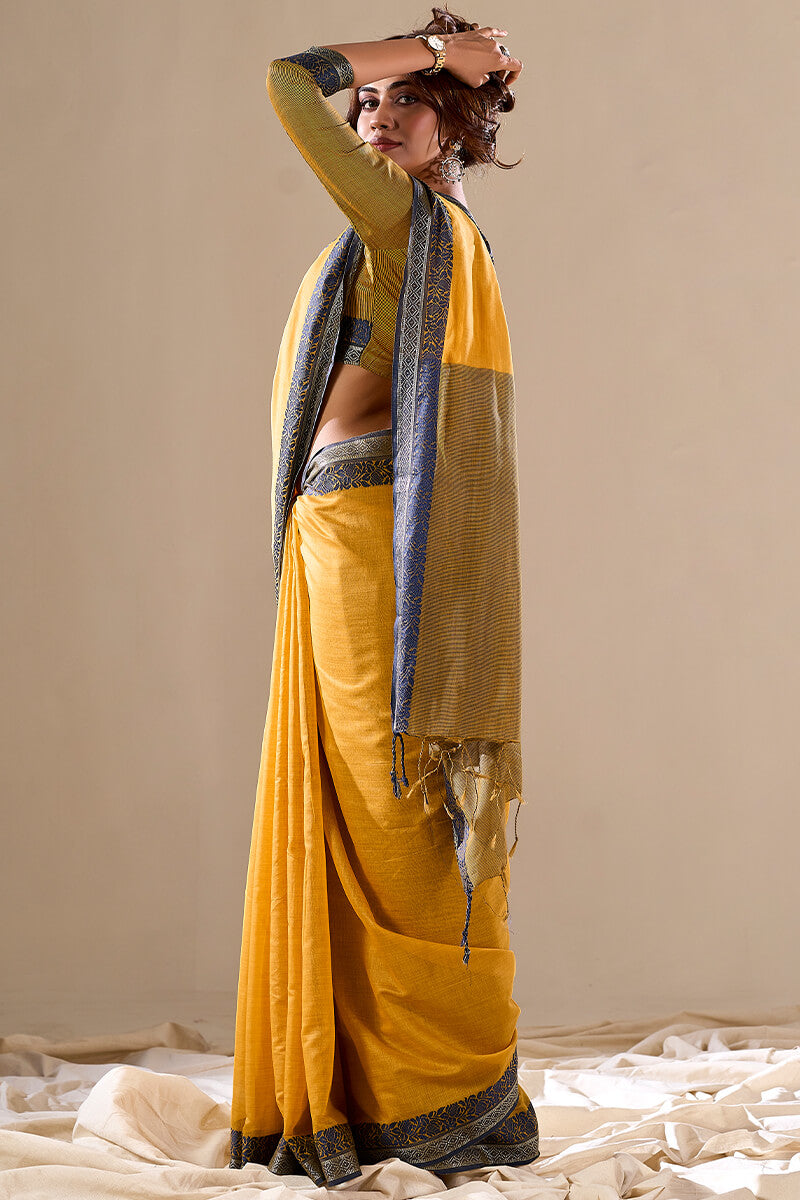 Yellow Elegant Banarasi Silk Blend Saree with Zari Woven Border ClothsVilla