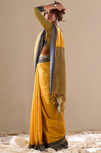 Yellow Elegant Banarasi Silk Blend Saree with Zari Woven Border ClothsVilla