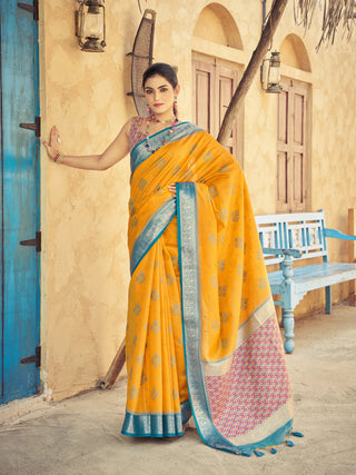 Yellow Elegant Banarasi Silk Blend Saree with Zari Woven Design ClothsVilla