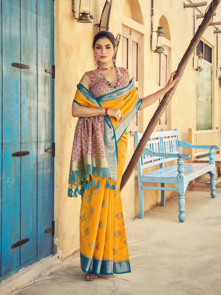 Yellow Elegant Banarasi Silk Blend Saree with Zari Woven Design ClothsVilla