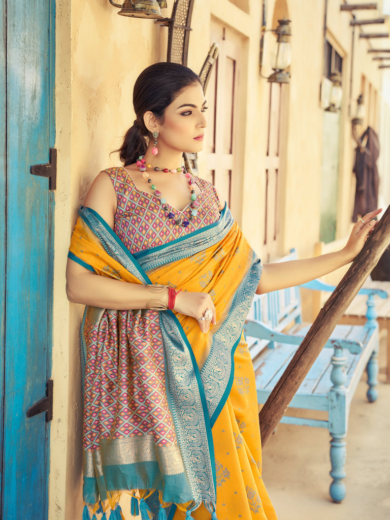 Yellow Elegant Banarasi Silk Blend Saree with Zari Woven Design ClothsVilla