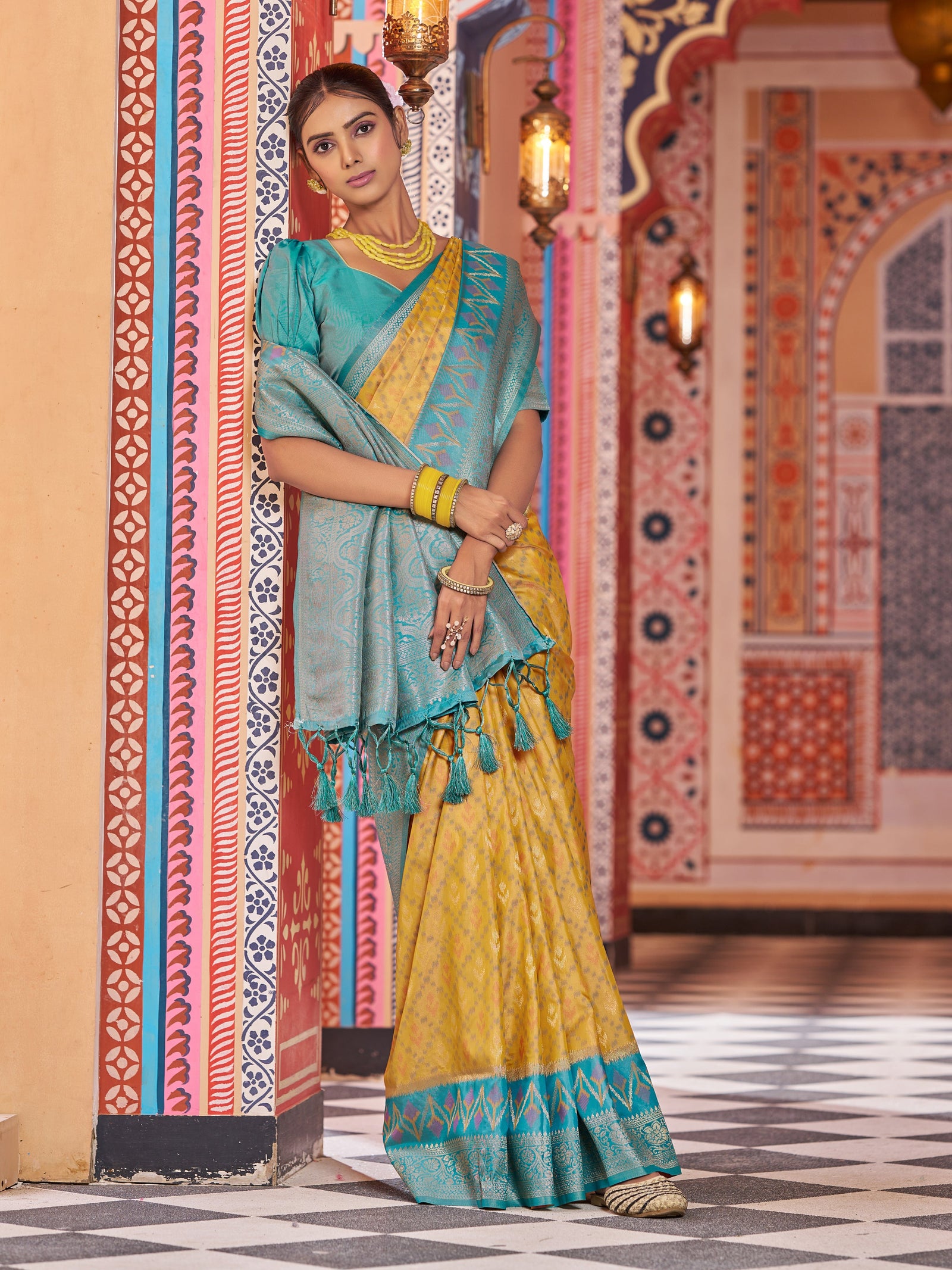 Yellow Elegant Banarasi Tissue Silk Saree with Zari Woven Design ClothsVilla